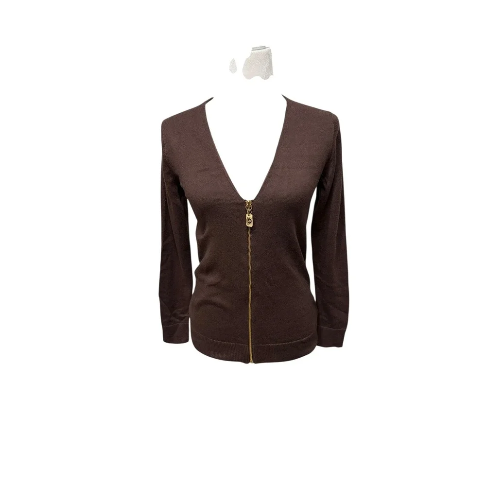 NWT Michael Kors Brown Zip Front V Neck Long Sleeve Cardigan Sweater Size S‎